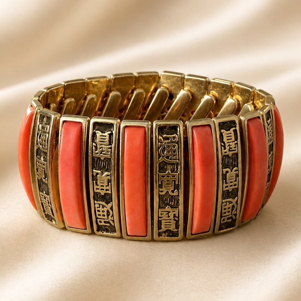 Asian-Inspired Stretch Bracelet Gold Tone Coral Red Panel Statement Bracelet
